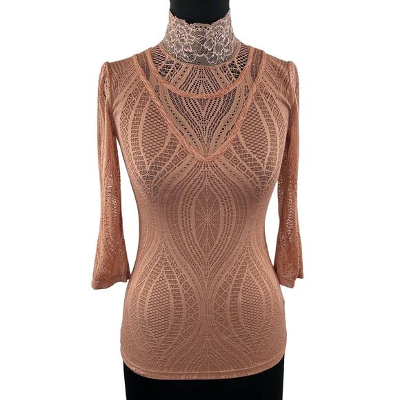 Free People Tops - FREE PEOPLE Women's Blush Dusty Rose High Neck Monaco Lace Blouse Top Size XS
